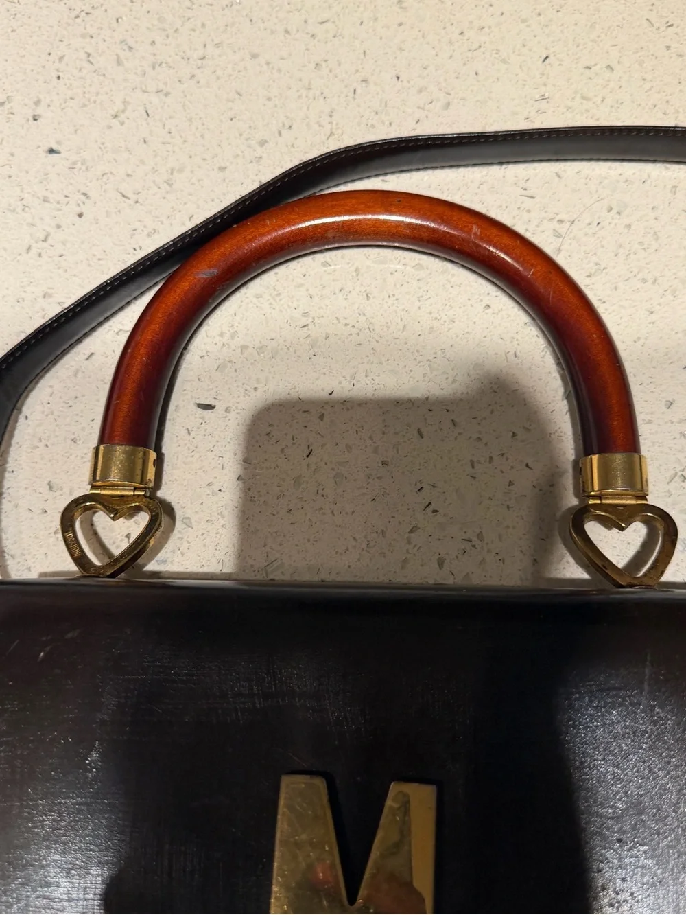 Moschino Brown Leather Top-Handle Bag with Wood Accent PROJECT